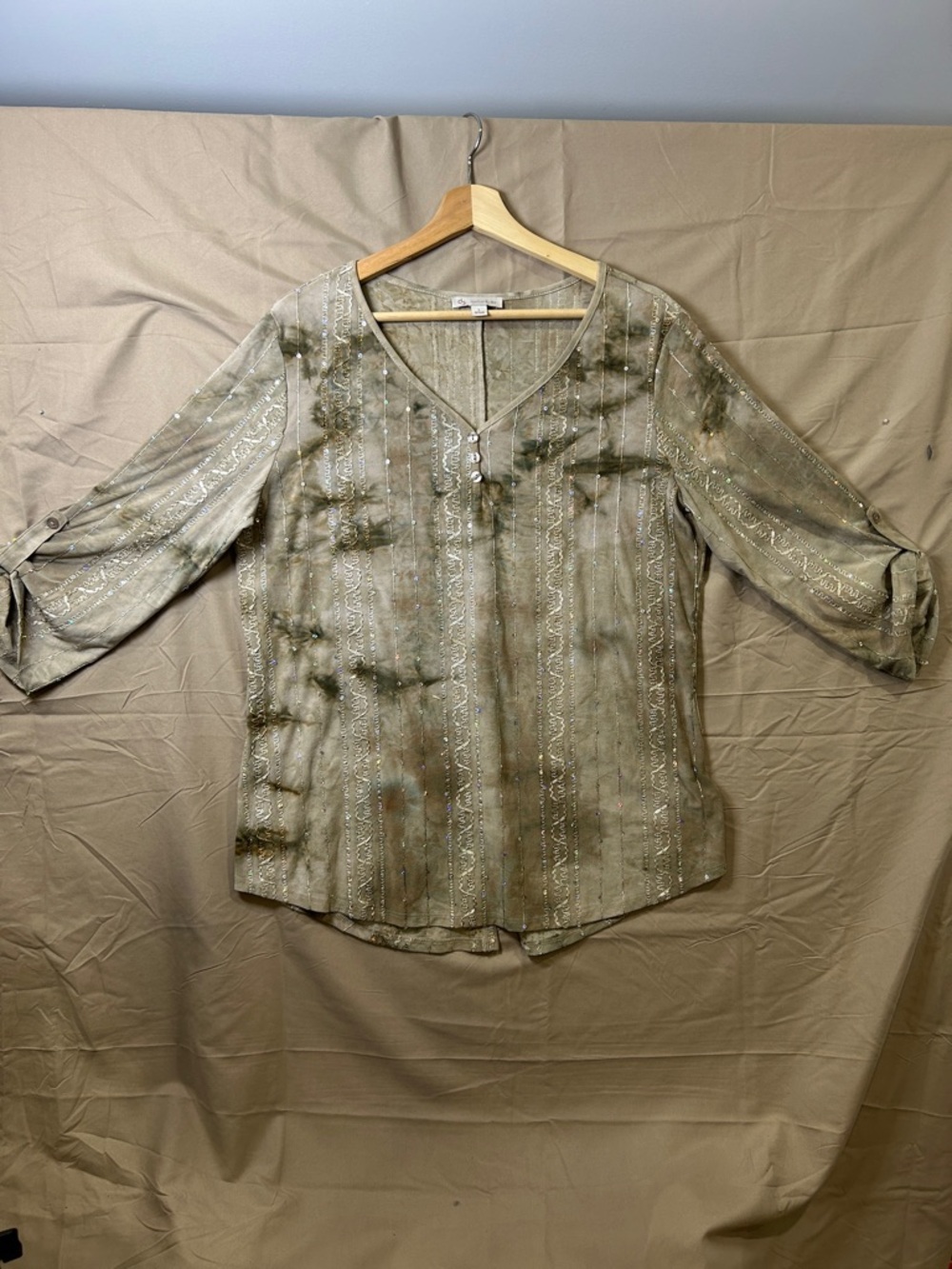 Olive Green V-Neck Embroidered Women's Blouse